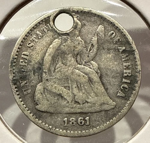1861 Seated Liberty Half Dime 5C Silver US Coin - Holed (U187)