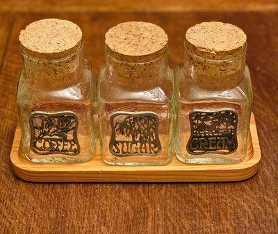 Set Of 3 VTG  Glass Jar/Canisters 1982 Metze Pewter Sugar, Cream & Coffee Cork