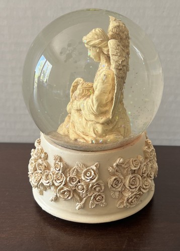 Vintage Musical Box Snow Globe Angel Mother And Son Base With Carved Roses - Picture 4 of 8