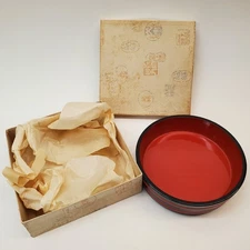 Vintage NOS NOB Japanese Red & Black Lacquered Wooden Rice Bowl 8x2.5"