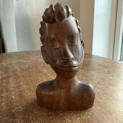 Vintage African Woman Bust Hand Carved Wood Sculpture Tribal Art Figure Decor