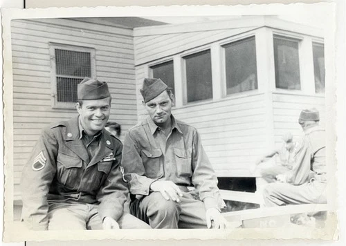 1940s WWII Two Handsome Men Army Soldiers Grinning Candid Military Vtg Photo