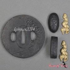 Stainless Steel Tsuba Set Hand Guard Kashira Fuchi Brass Menuki Sword Accessary