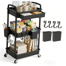 3 Tier Rolling Utility Cart with Drawer, Plastic Storage Organizer 3-Tier Black
