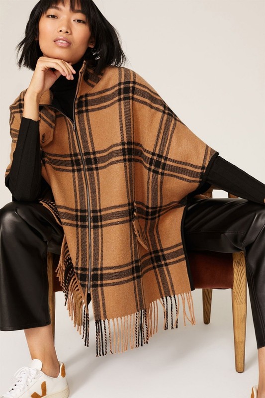 TRINA TURK SCOTLAND BEIGE BLACK FRINGE PONCHO WOMEN'S SIZE XS / S