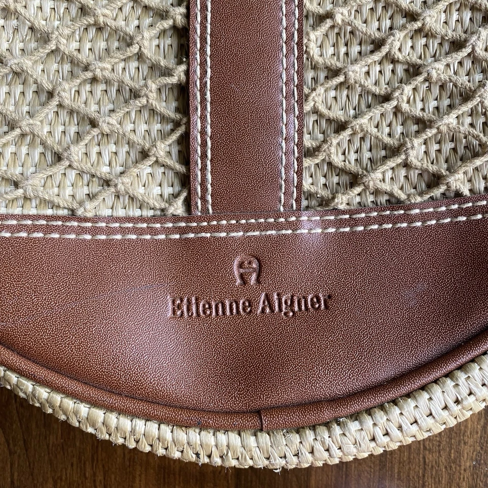 De Colección ETIENNE AIGNER Cartera Tejido Yute Paja Cuero Redondo Bolso Bandolera Pandereta Foto 3 de 4
