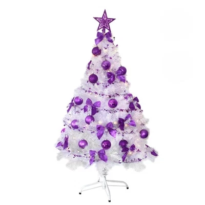 Weihnachtsbaum weiss 120 cm mit lila Deko und Led Lichterkette + Fernbedienung - Bild 1 von 4