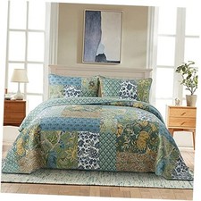 Cotton Patchwork Bedspread, 3-Piece Bedding Quilt Twin Green Farmhouse Garden