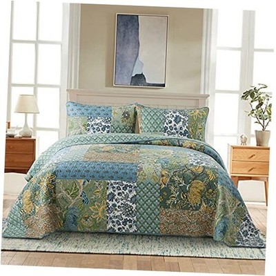  Cotton Patchwork Bedspread, 3-Piece Bedding Quilt Twin Green Farmhouse Garden