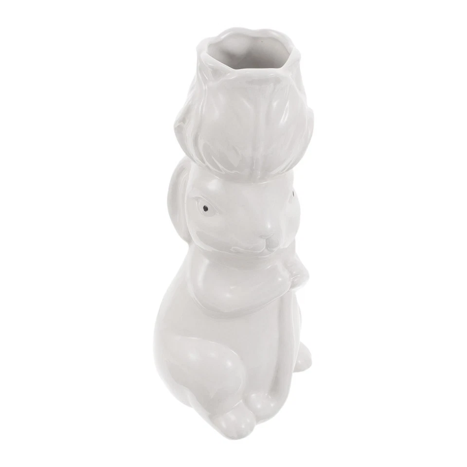 Keramikvase mit Hasenmotiv: Schmale Vase mit Rosenkopf-Hasenfigur, ideal als - Bild 4 von 4