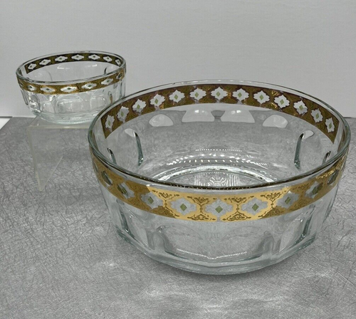Culver VALENCIA Salad Bowl + Sm. Bowl Arcoroc Gold Trim Green Diamond MCM style - Picture 23 of 24