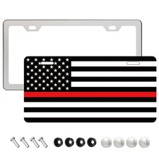 US Flag License Plate and Frame Set - Thin Red Line Flag - Fire Fighters Gifts