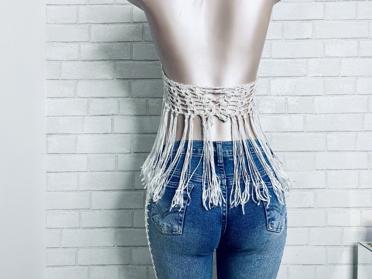 2PC VINTAGE Y2K BRAZILIAN Boho Festival Crochet Fringe Flare Denim 