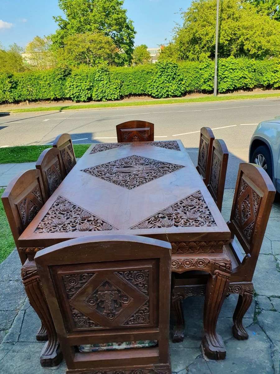 Beautifully carved Handmade Walnut Wood Dining Table Set With