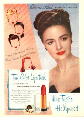 1951 cosmetics AD MAX FACTOR Hollywood Tru-Color Lipstick w/ Donna Reed 021619