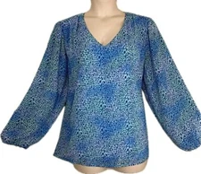 BELLE Caspian Blue 3X 2X Romantic Ruffle Back Artsy Print Top NIB