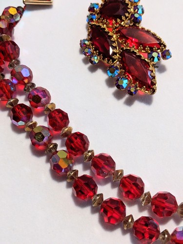 5 PC Vintage Red & Aurora Borealis AB Necklace Brooch Earrings High End +++ - 第 4/13 張圖片
