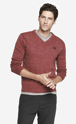NWT EXPRESS MEN COTTON NEP KNIT SMALL LION V-NECK SWEATER HARVARD RED SIZE M