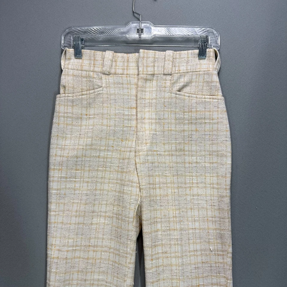 VTG 70s Bell Bottom Pants Flare Wide Leg Womens 26" Waist High Rise Tweed Plaid - Image 2 of 4
