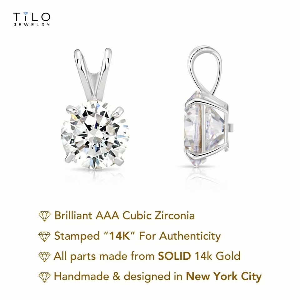 Collar solitario redondo brillante colgante solitario de oro blanco macizo de 14K 4 mm-9 mm Foto 2 de 4