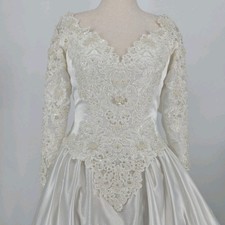 Vintage Mori Lee Wedding Dress 90s Beaded Lace Satin Long Sleeve Train Size 12