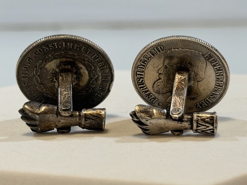 Antique 1860’s Brazil 500 Reis Silver Cufflinks Unique Hand Backings/Toggles - Afbeelding 5 van 11