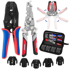 Wire Crimping Tool Set- Crimper Kit with 5 Interchangeable Jaws and Foldable ...