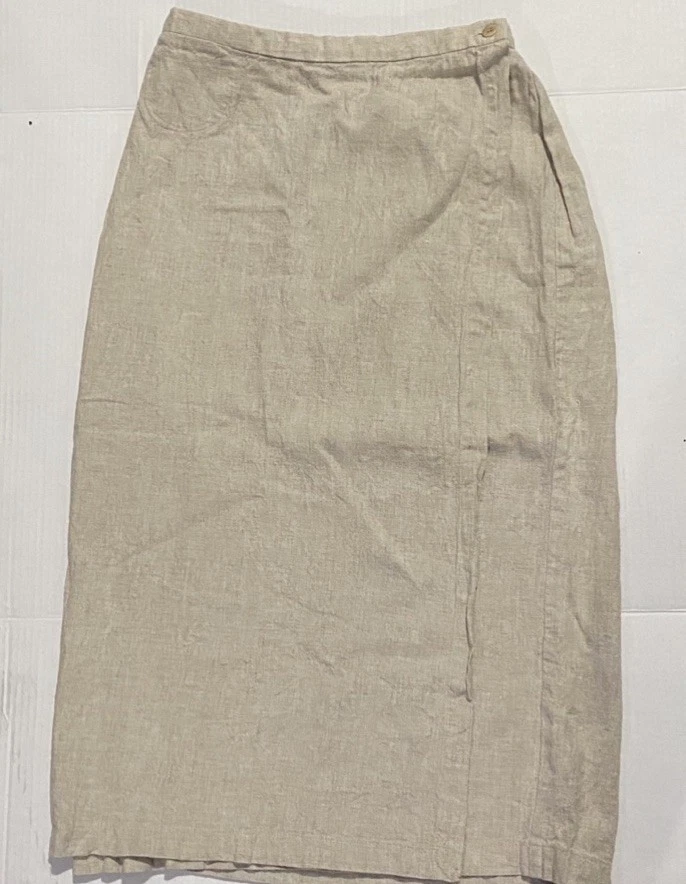 Eileen Fisher Linen Wrap Skirt Size Medium Beige MIDI Length Lagenlook Coastal