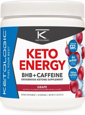 Ketologic BHB KetoEnergy Exogenous Ketones Powder with Caffeine Grape 30 Serv...