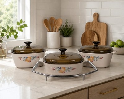Vintage Corningware Abundance Fruit 6 Piece Casserole Set Pyrex Lids 2-3L, 1-2L