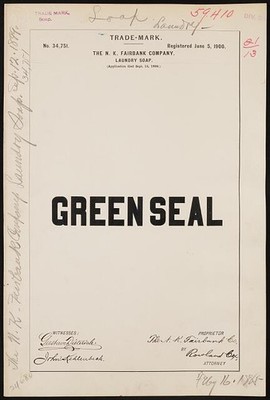 Photo:1900 Trade Mark Green Seal Laundry Soap N K Fairbank Company