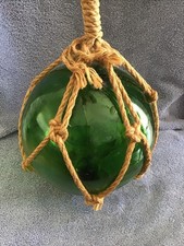 Vtg Green Glass Ball Fishing Float Buoy Rope Wrapped Large Nautical Beach Decor