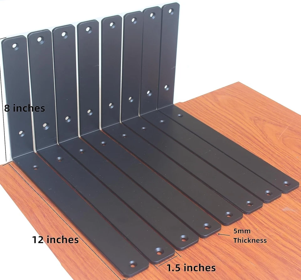 Paquete de 12 - L 12" x H 8" x W1.5, 5 mm de espesor negro L soporte de estante, estante de hierro Br... Foto 3 de 4