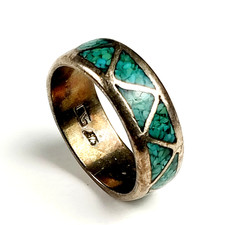 Vintage Navajo Sterling Silver 925 Turquoise Chip Inlay Band Ring Size 6 - 4.3g