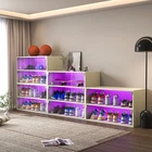 Shoe Box with RGB LED Light, Wooden Stackable Shoe Storage Box with Glass Door W