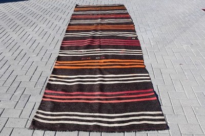 Vintage 4x11,4 ft Rug, Runner Turkish Rug, Black Red Floral Wool Rug