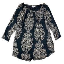Lucky Brand Tunic Top 1X Black Tan Keyhole 3/4 Sleeve Boho Cottagecore Peasant