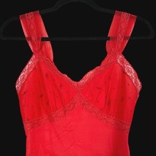Vintage Rogers Red Nylon Tricot Lace Trim Slip Dress Nightgown Size 32