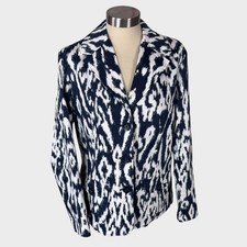 Chico's Size 2 Womens Large 12 Navy Blue White Cotton Spandex Blazer Lined