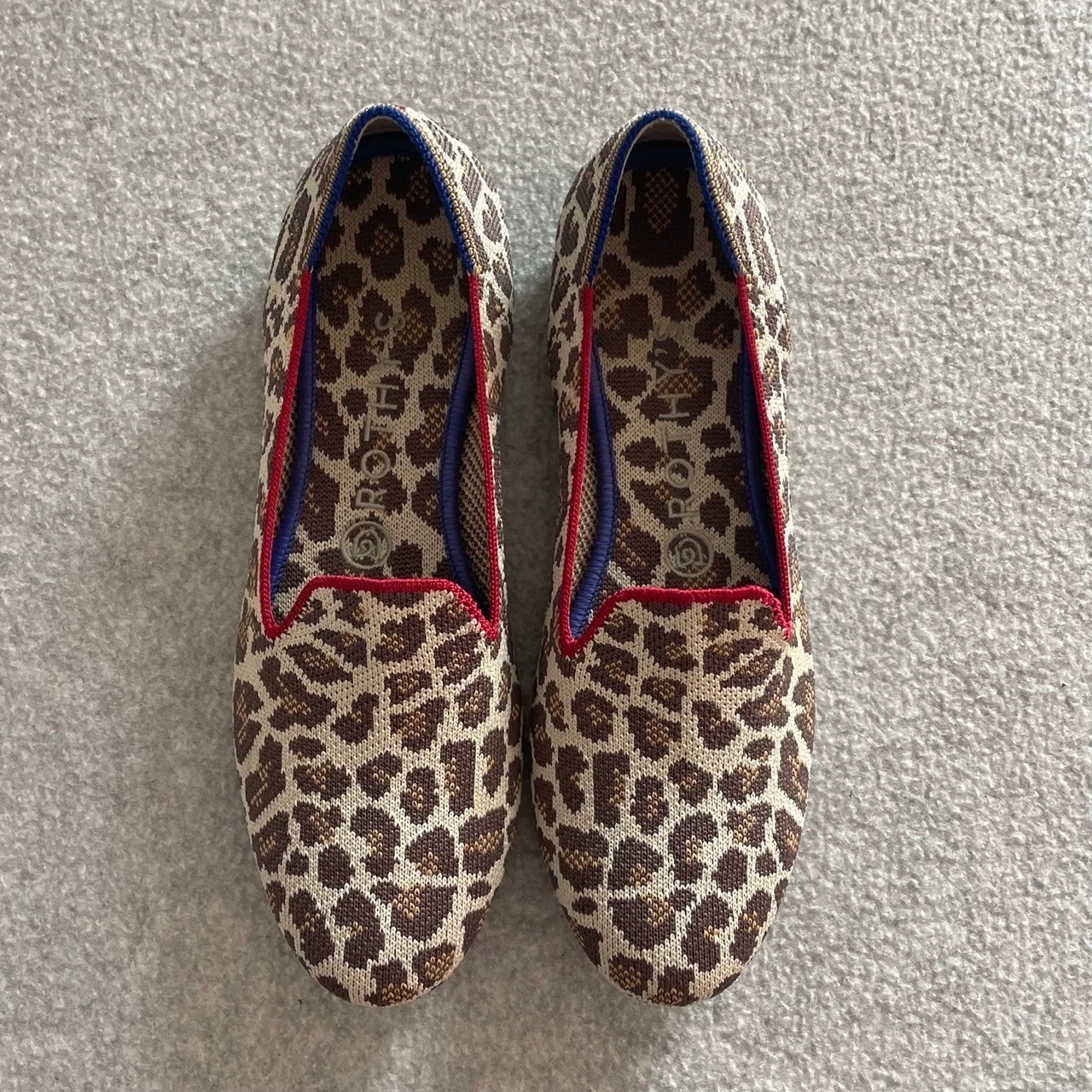 Rothys The Loafer Mocha Spot Retired Knit Flats Red Trim Womens Size 8