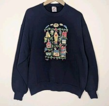 Vintage Jerzees Crewneck Sweatshirt Size Large Birdhouse Made In USA Navy Blue