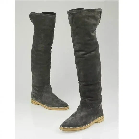 Jimmy Choo Zapatos Sobre la Rodilla Botas 112 Quebec Bota Gris Oveja Nuevo Foto 2 de 4