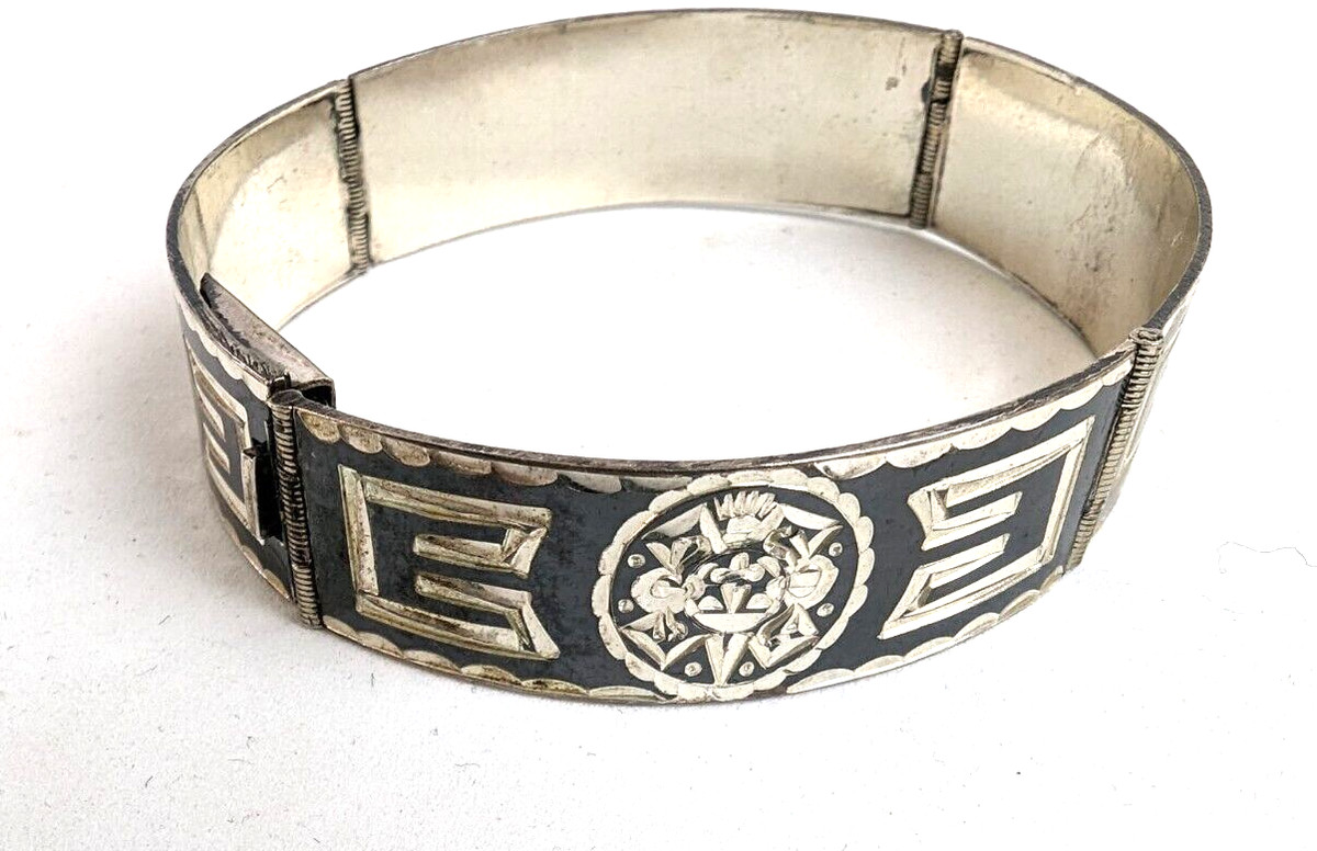 Mexican Sterling Silver Bracelet Etched 5/8" Wide Panel Link signed JC Eagle 4 View 4