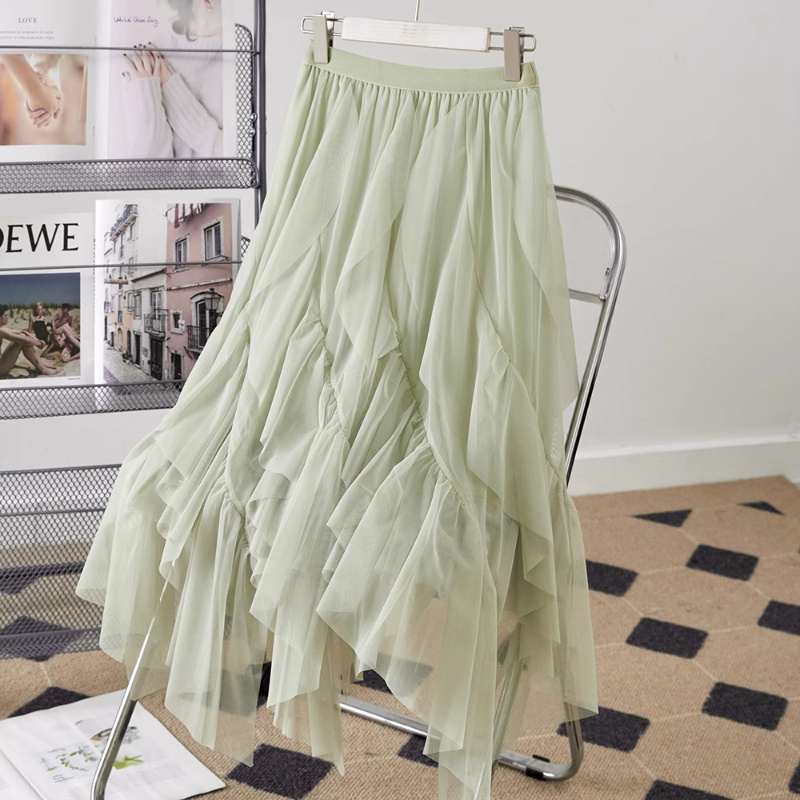 Fashion Ladies Mesh Tulle Skirt Irregular Ruffle Edge High Waist