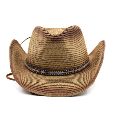 1X Herren Western Stroh Cowboy Cowgirl Hut mit Gürtel Kordelzug Breite Krempe Sonnenhut