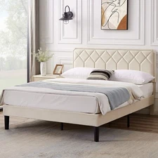 Vecelo Upholstered Bed Frame Twin Full Queen Size Platform with Velvet Headboard
