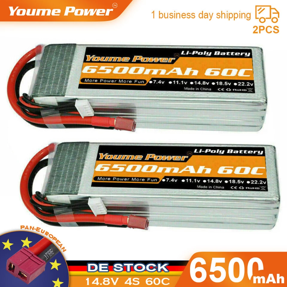YOUME 2Stück 14,8V 4S 6500mAh 60C Lipo Akku Deans für RC Hubschrauber Quad Auto Lkw