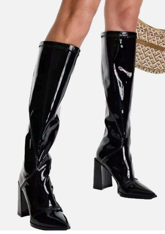 GLAMOROUS Knee High Heel Boot in Black Stretch Patent (f342)