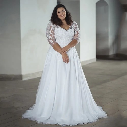 Plus Size Tulle Wedding Dresses 3/4 Sleeve Appliques Sweep Train Bridal Gowns - Picture 8 of 8