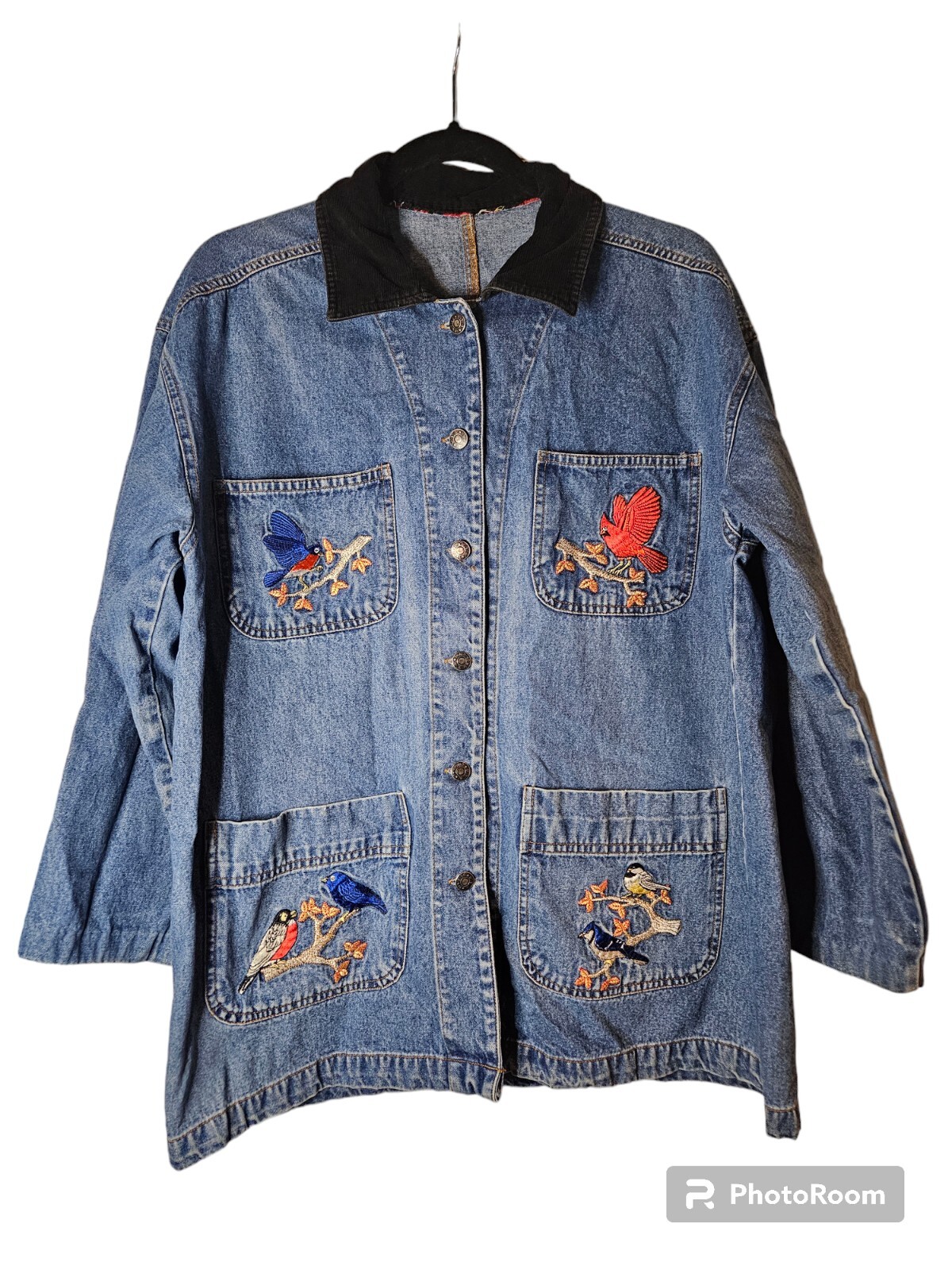 Vtg Denim Jacket With Birds On Pockets & Corduroy Collar 90s Y2k-image